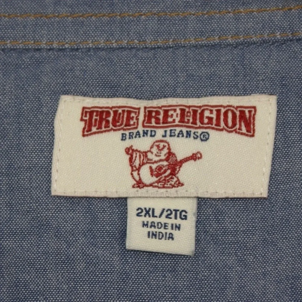True Religion Mens 2XL Blue Chambray Long Sleeve Horseshoe Button Down Shirt